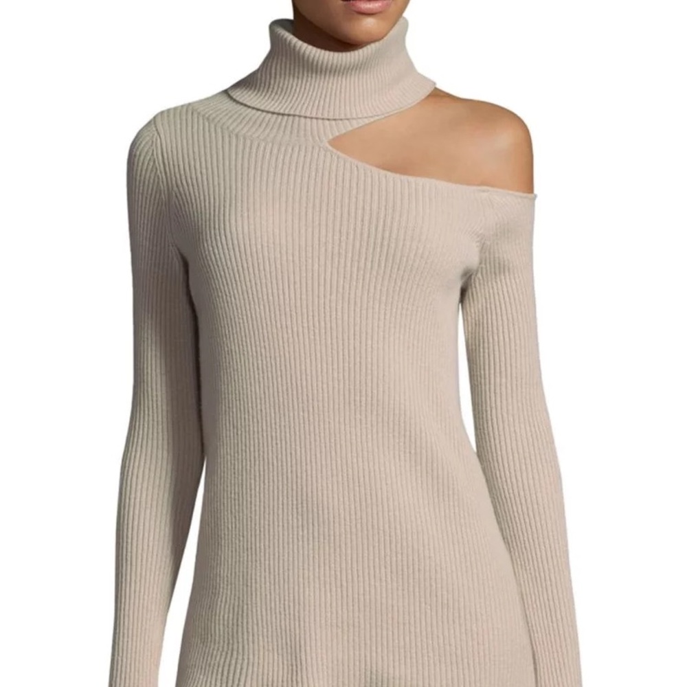 $398 Sz XS ROI Beige Ribbed Knit One Cold Shoulder Cashmere Sweater